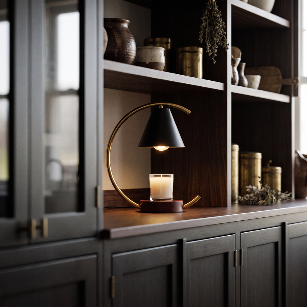 Candle warmer lit on an open shelf in a dark kitchen