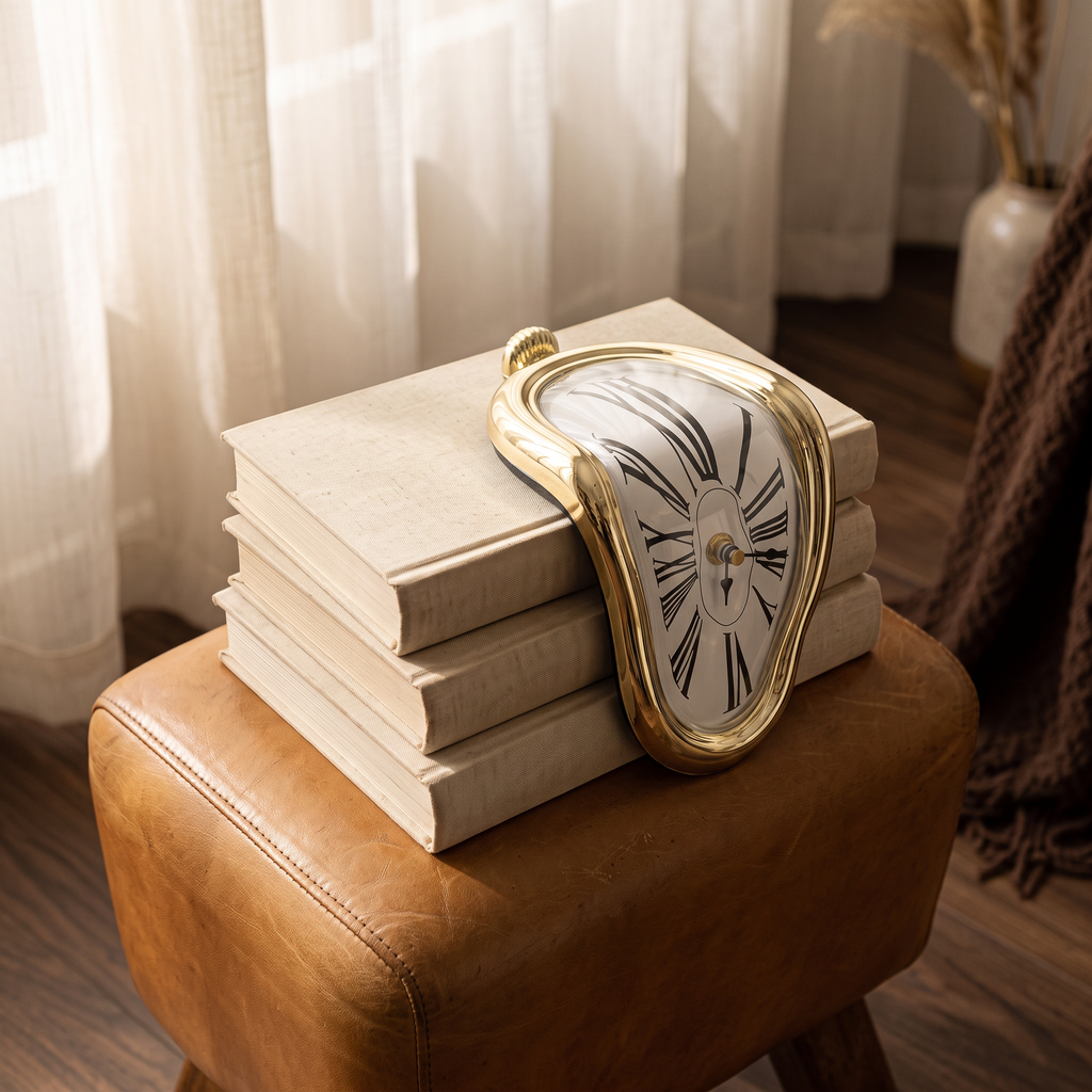 Melting clock resting on a stack of books on a leather ottoman