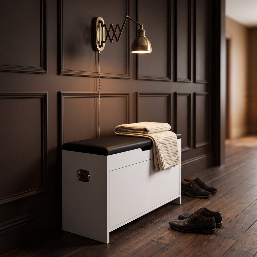 The bench closed and tidy against a panelled hallway wall