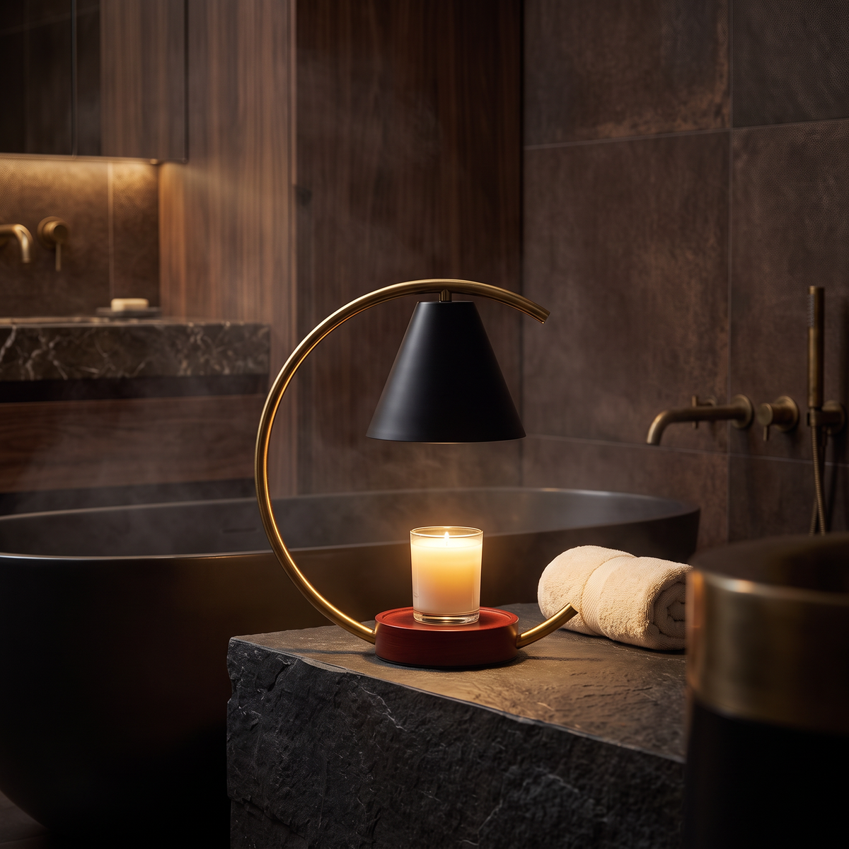 Candle warmer on a stone ledge beside a freestanding bath