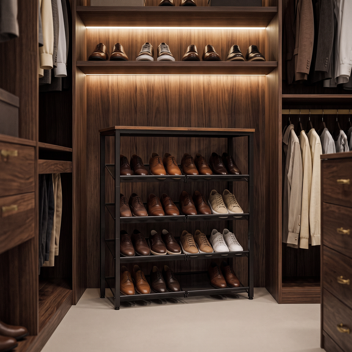The shoe rack standing freestanding in a walk in wardrobe
