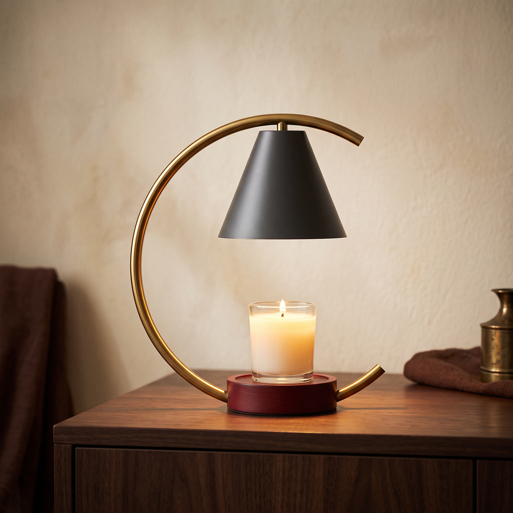 The whole candle warmer lamp on a walnut sideboard with the candle lit