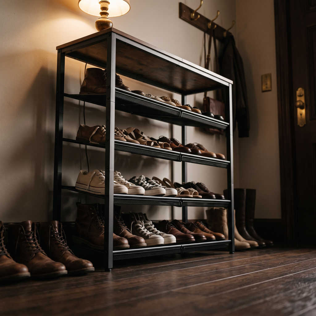 Low angle along the shoe rack showing all five tiers filled with shoes