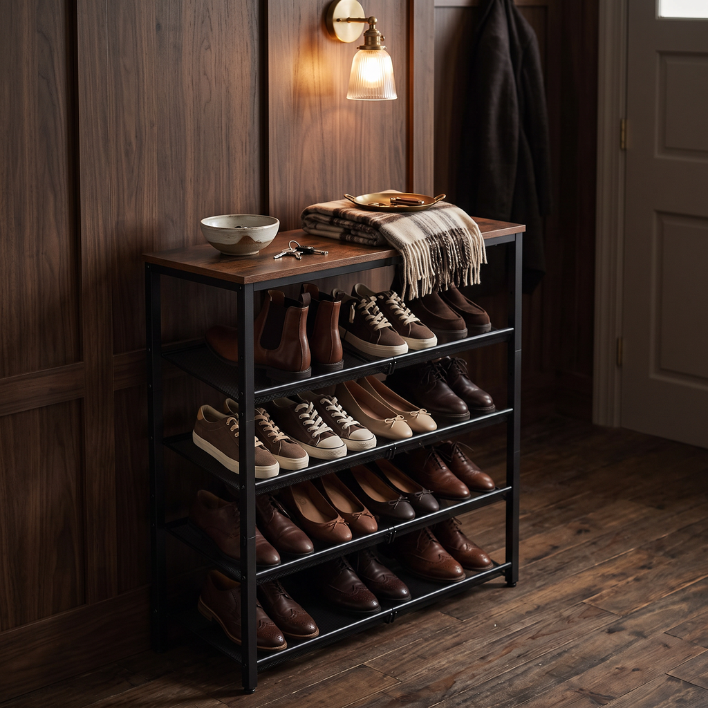 The rack with its top board styled as a landing spot for keys and a scarf