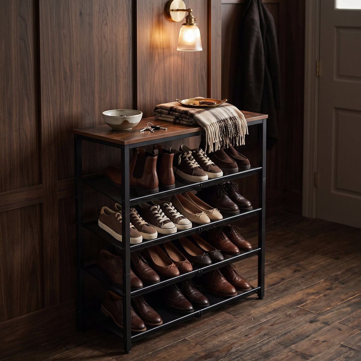 The rack with its top board styled as a landing spot for keys and a scarf