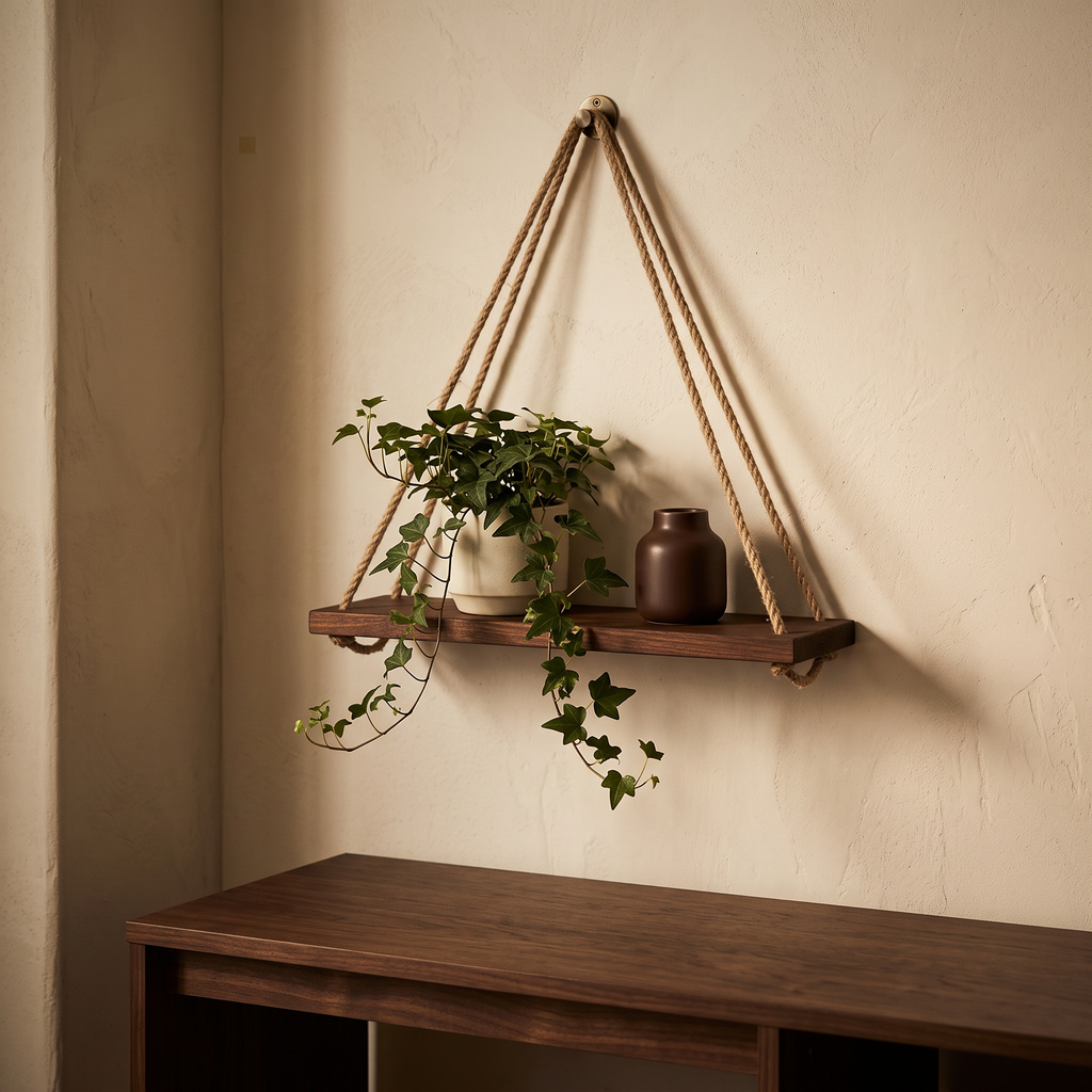 Hanging rope wall shelf holding a trailing plant in a living room corner