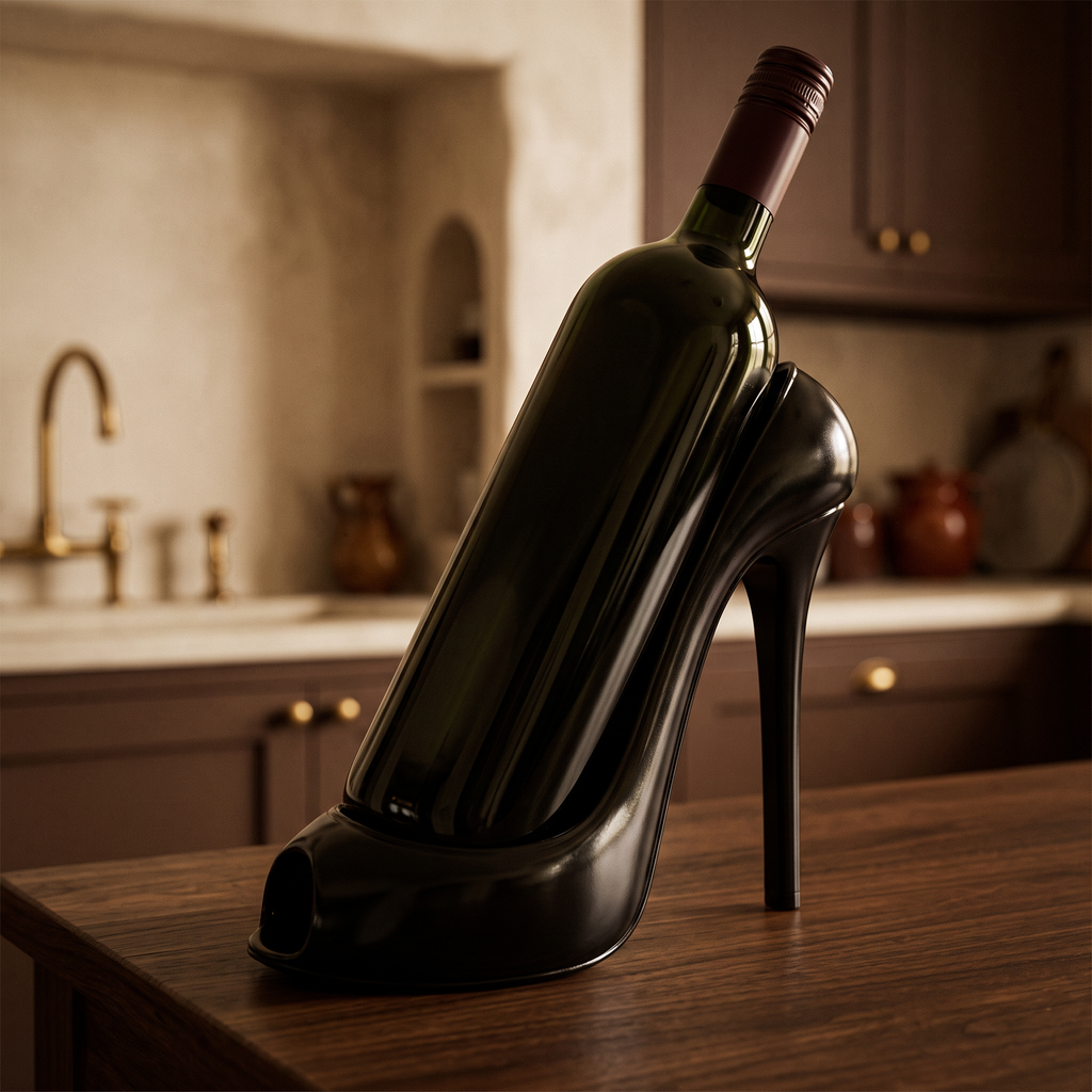 Close view of the resin stiletto holding a wine bottle on a walnut bench