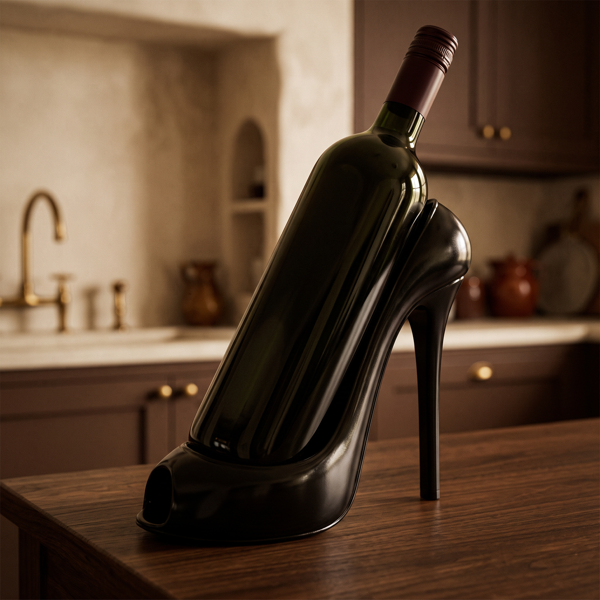 Close view of the resin stiletto holding a wine bottle on a walnut bench