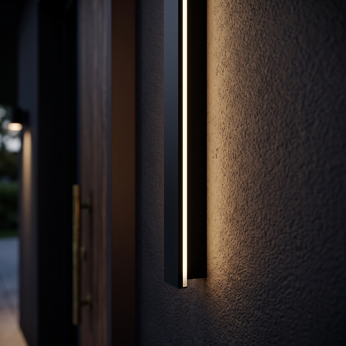 The slim black bar and its end cap shown close up on a dark wall