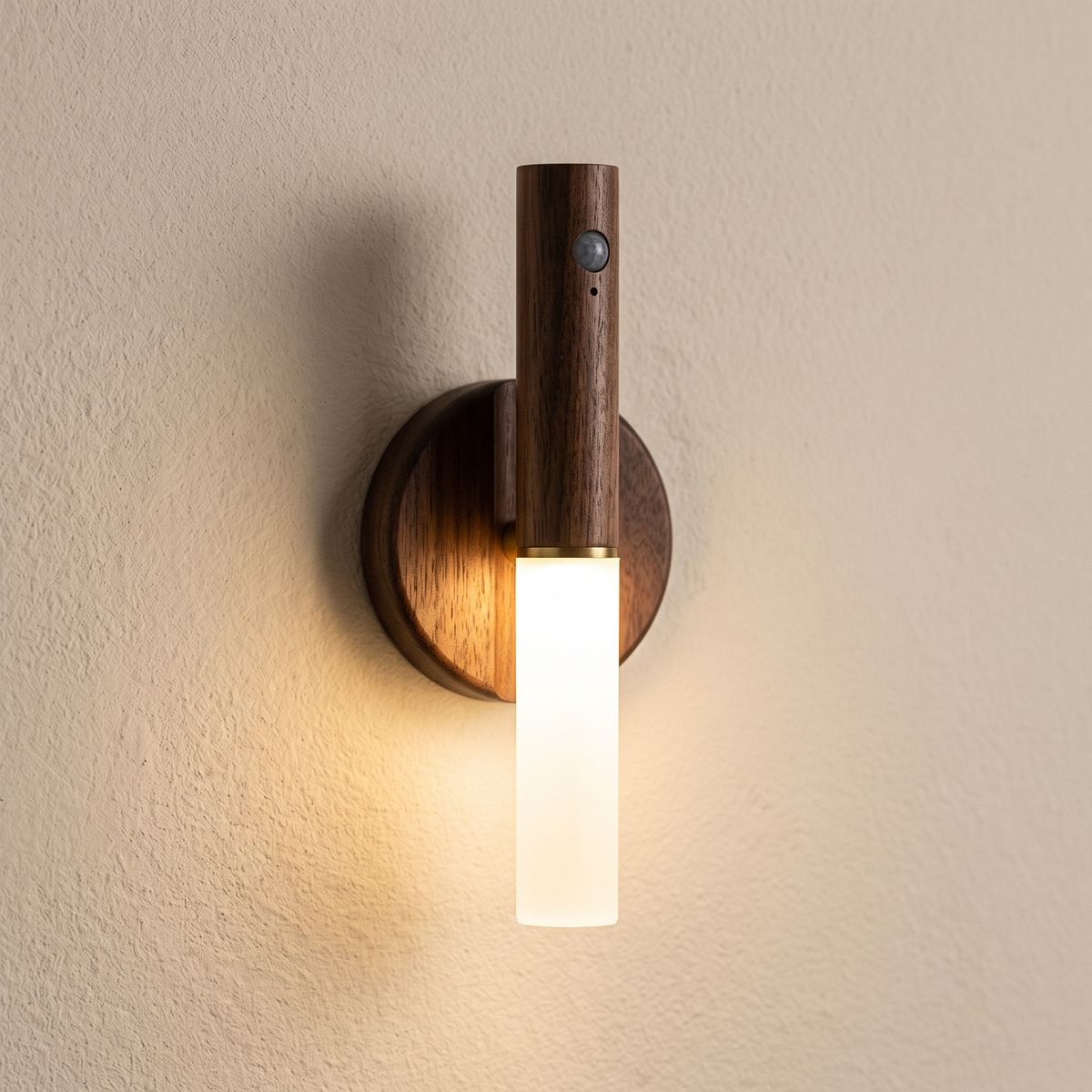 The night light on its round magnetic wall disc, lit and showing the sensor