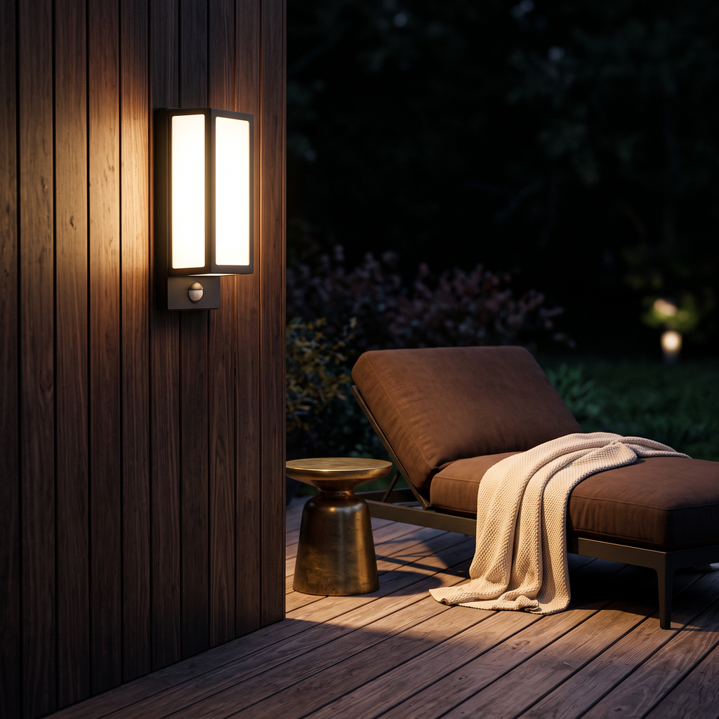 The light beside a timber deck at night, lighting the decking boards