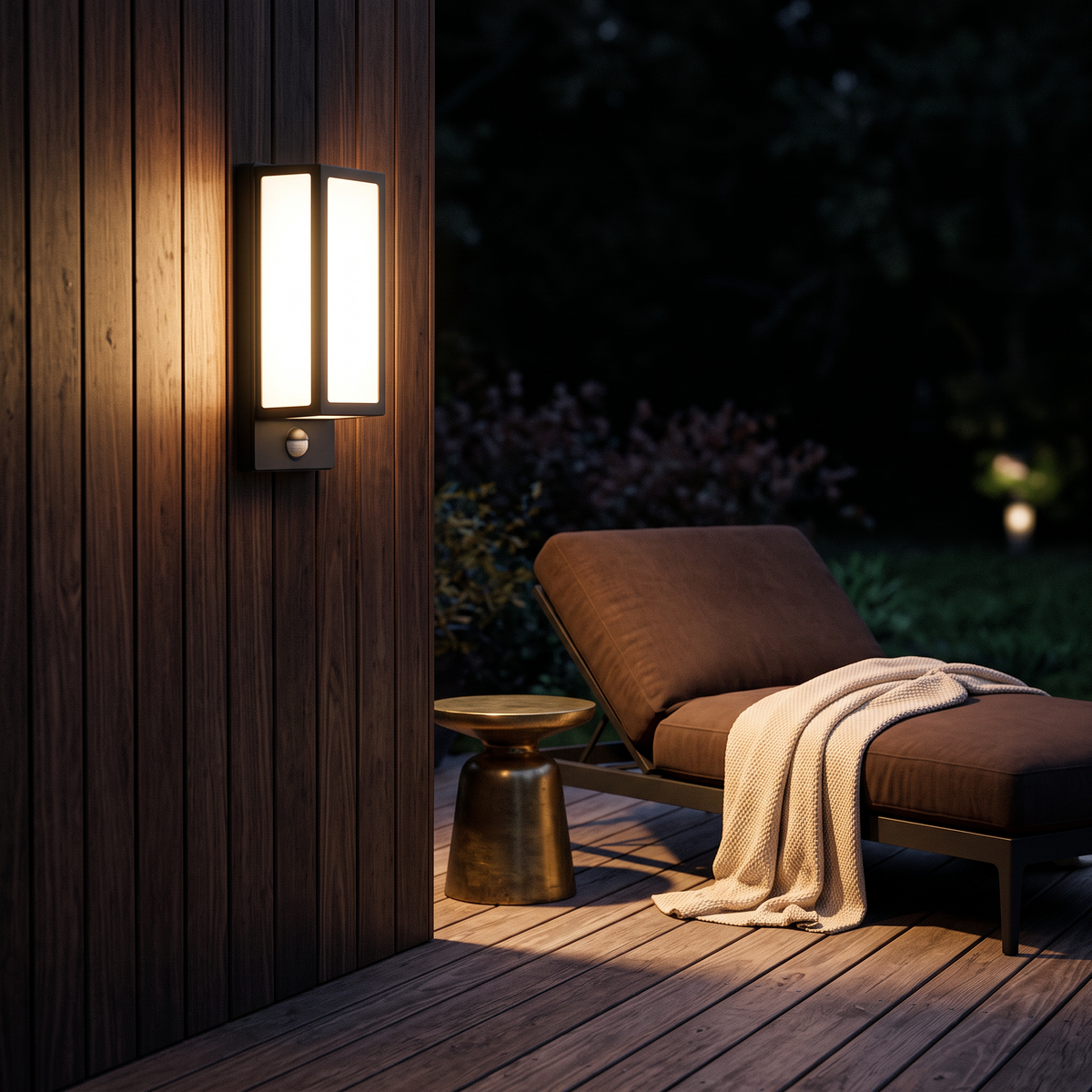 The light beside a timber deck at night, lighting the decking boards