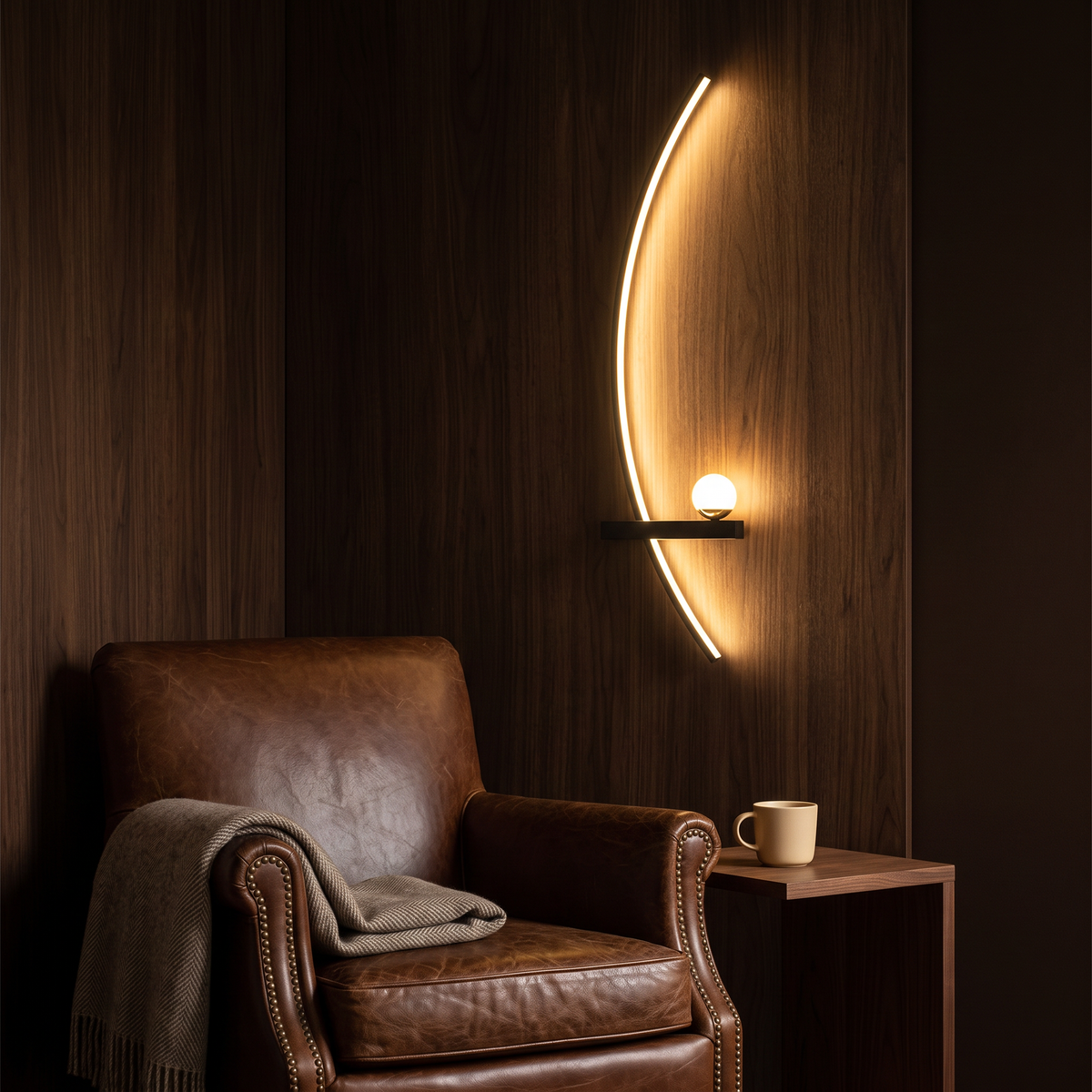 Crescent lamp above a leather armchair in a dark panelled reading corner