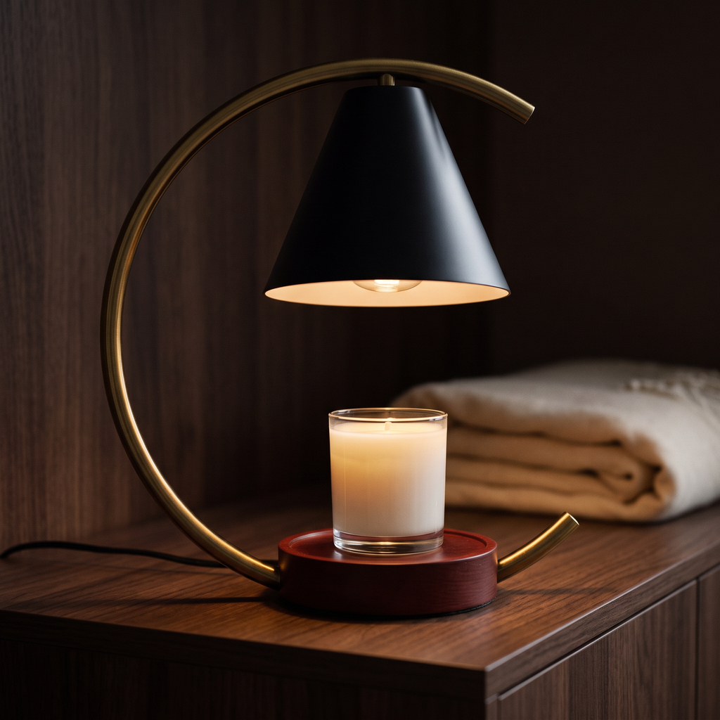 Close view of the brass arc and black shade with the candle glowing beneath