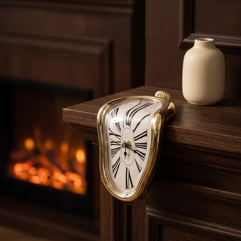 Close view of the melting clock over a timber mantelpiece by firelight