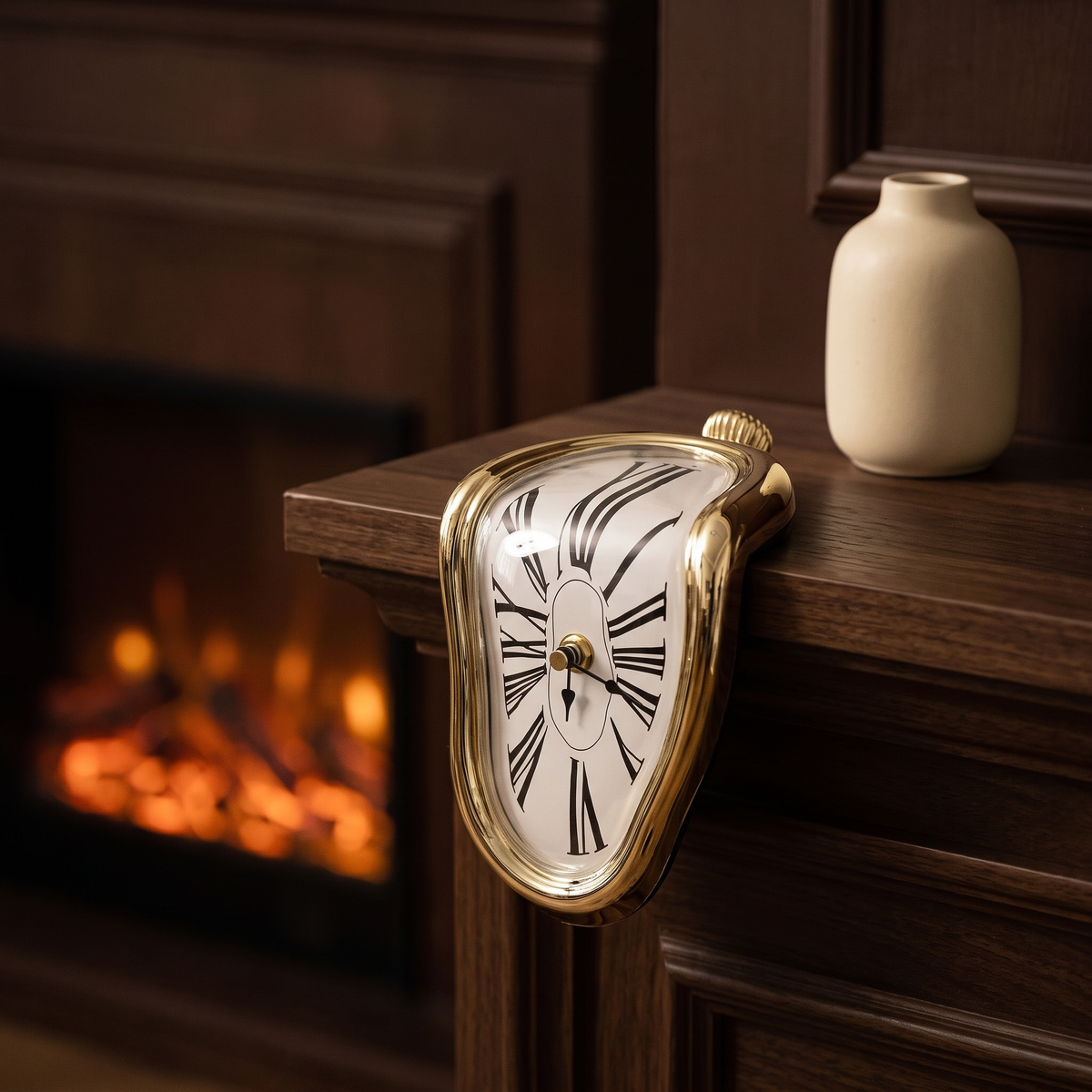 Close view of the melting clock over a timber mantelpiece by firelight