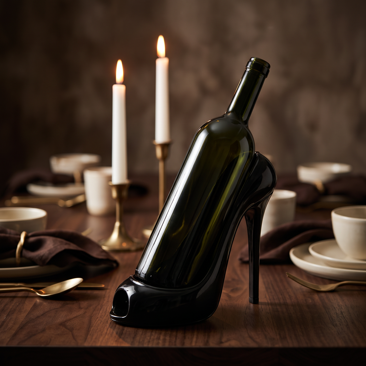 The heel holder as a dining table centrepiece with candles burning behind