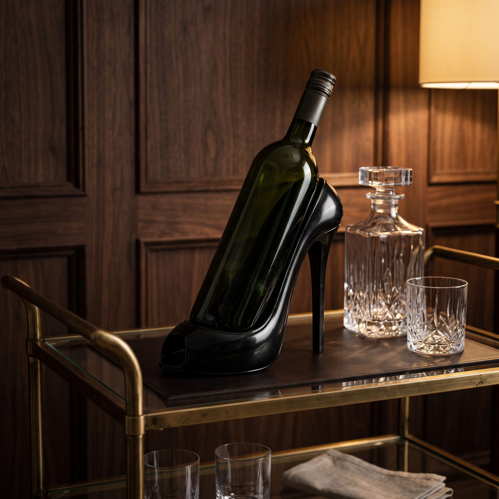 High heel wine bottle holder on a brass bar cart in a dark panelled lounge