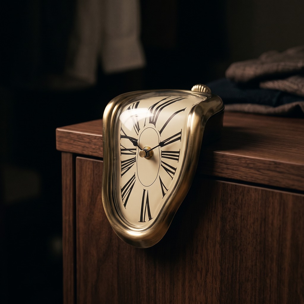 The melting clock shown close up, showing the gold surround and dial