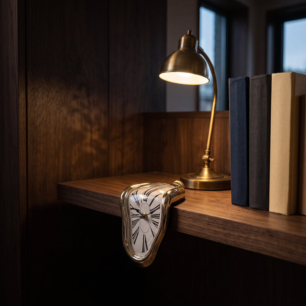 Melting clock draped over a dark walnut shelf beside a brass reading lamp