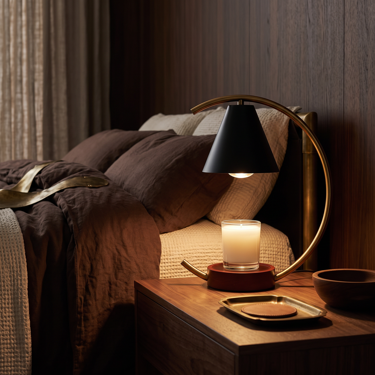 Candle warmer lamp on a walnut bedside table in a dark bedroom at night