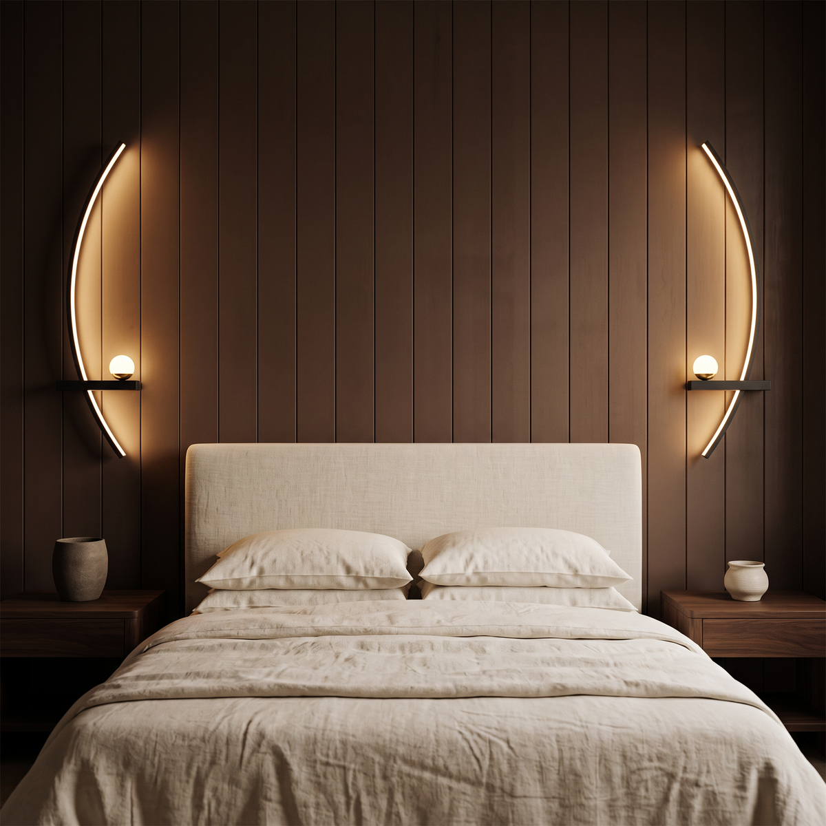 A pair of crescent LED wall lamps either side of a bed in a dark bedroom