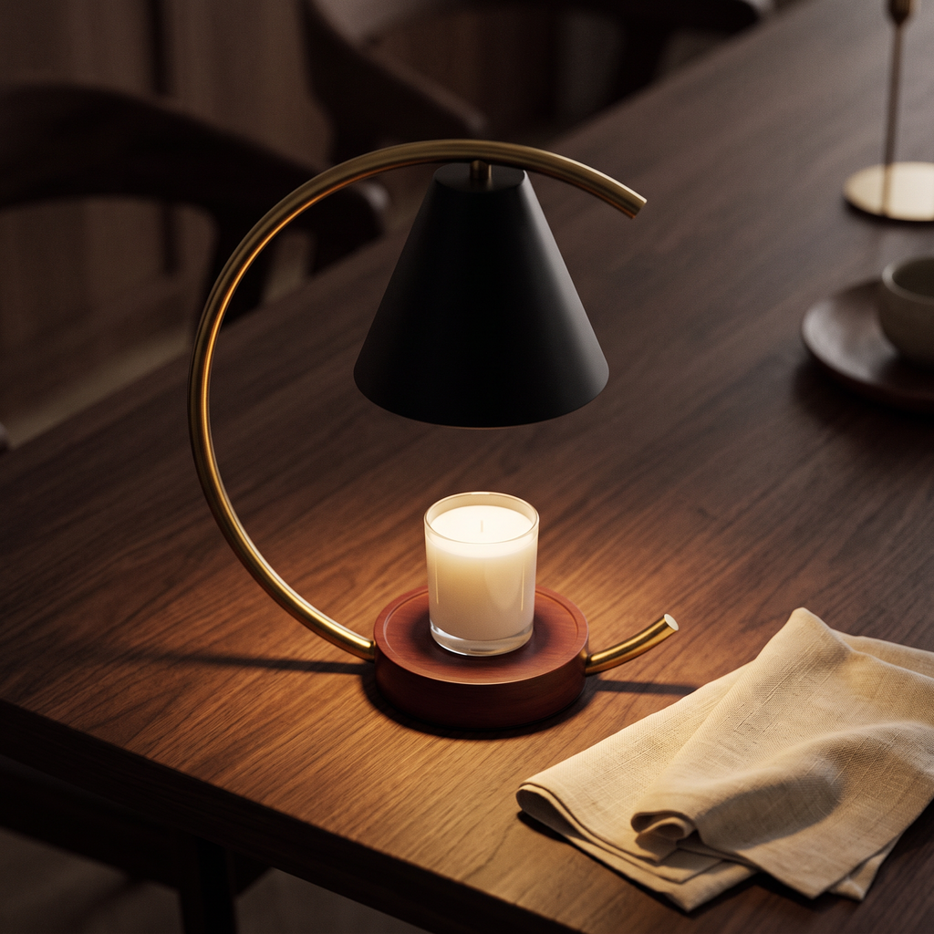 Overhead view of the candle warmer casting warm light onto the candle below