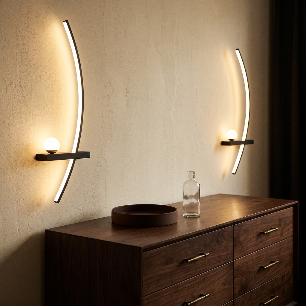 Two crescent lamps flanking a dark walnut dresser in a dressing area
