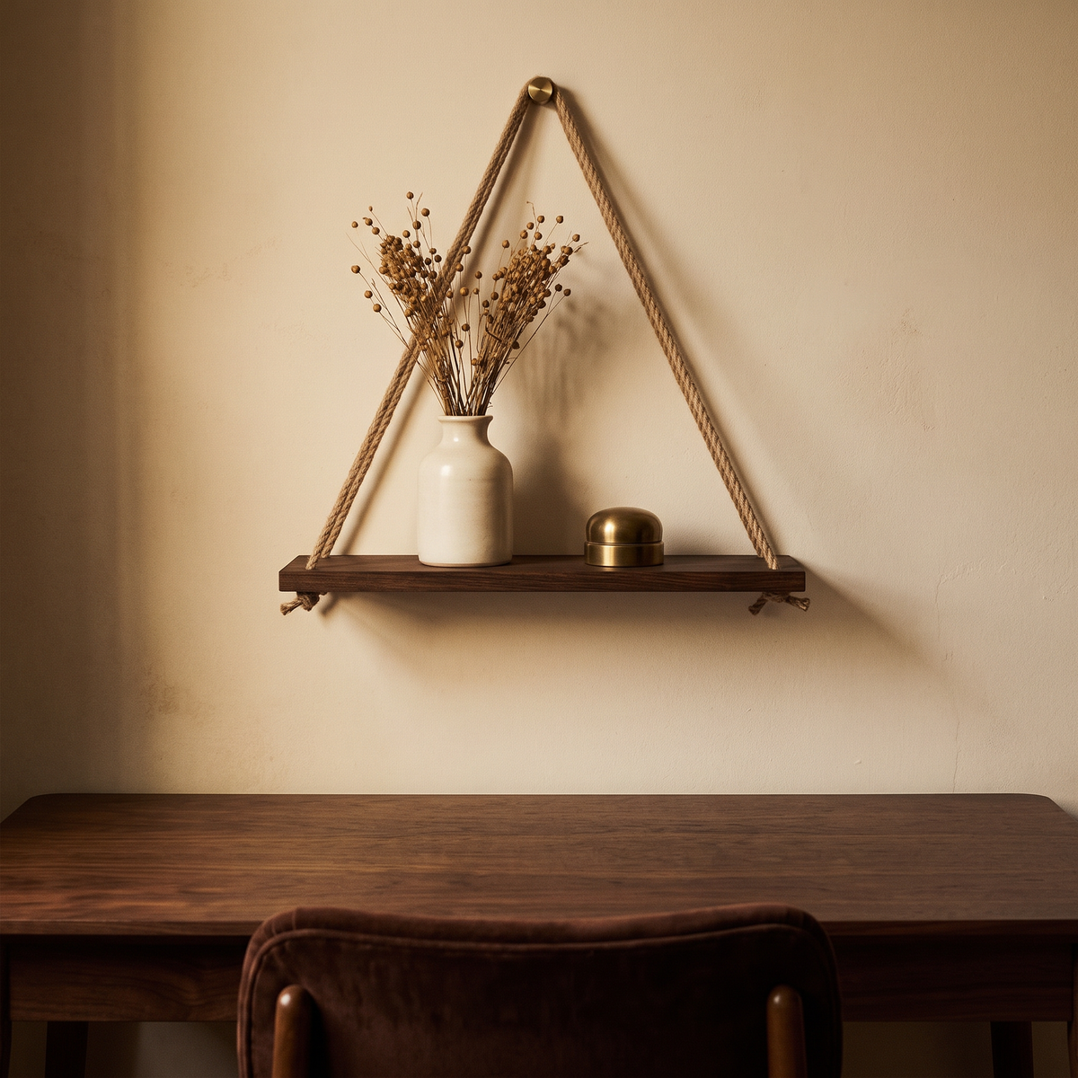 Rope shelf above a walnut desk holding a vase of dried stems