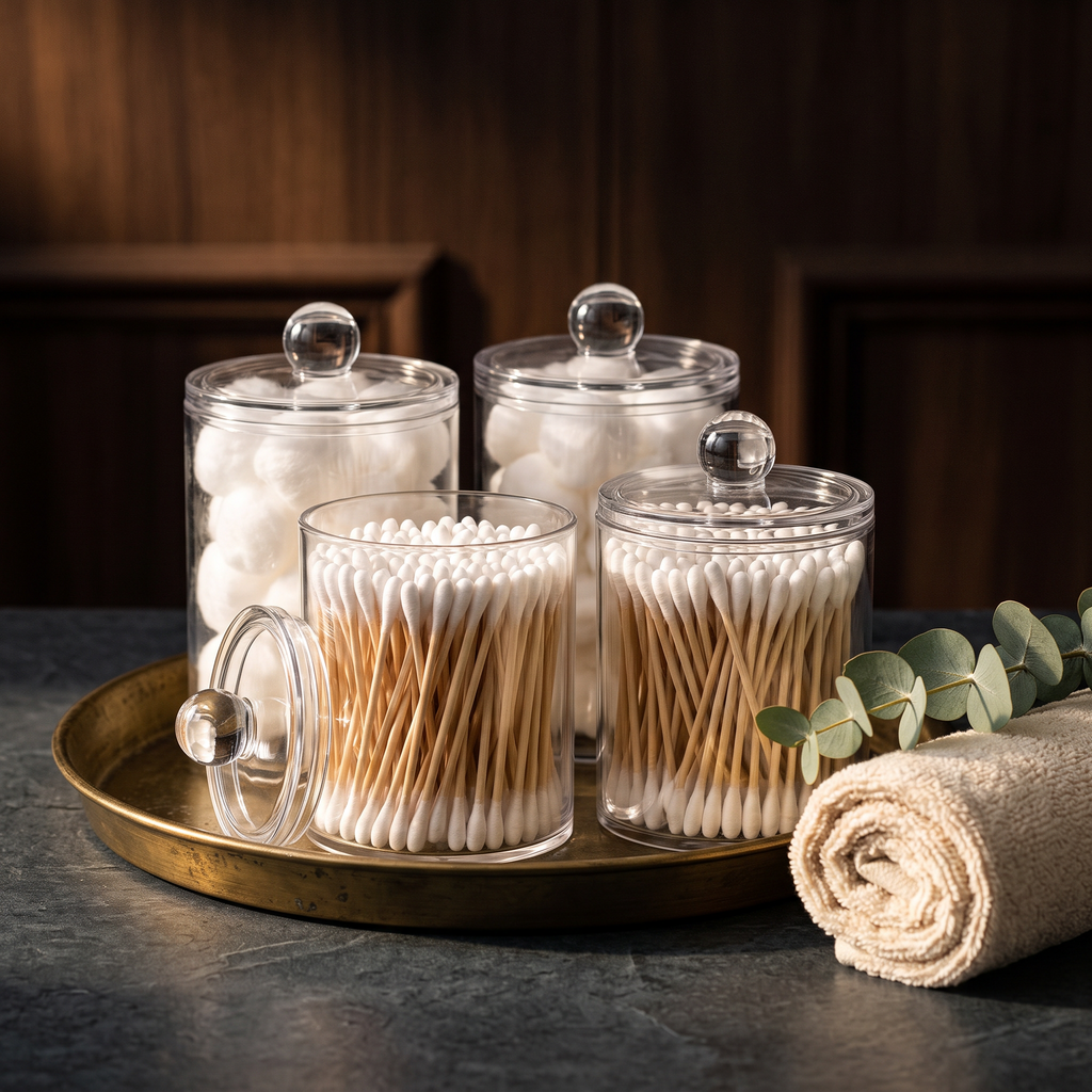 The four jars grouped on a brass tray beside a rolled towel