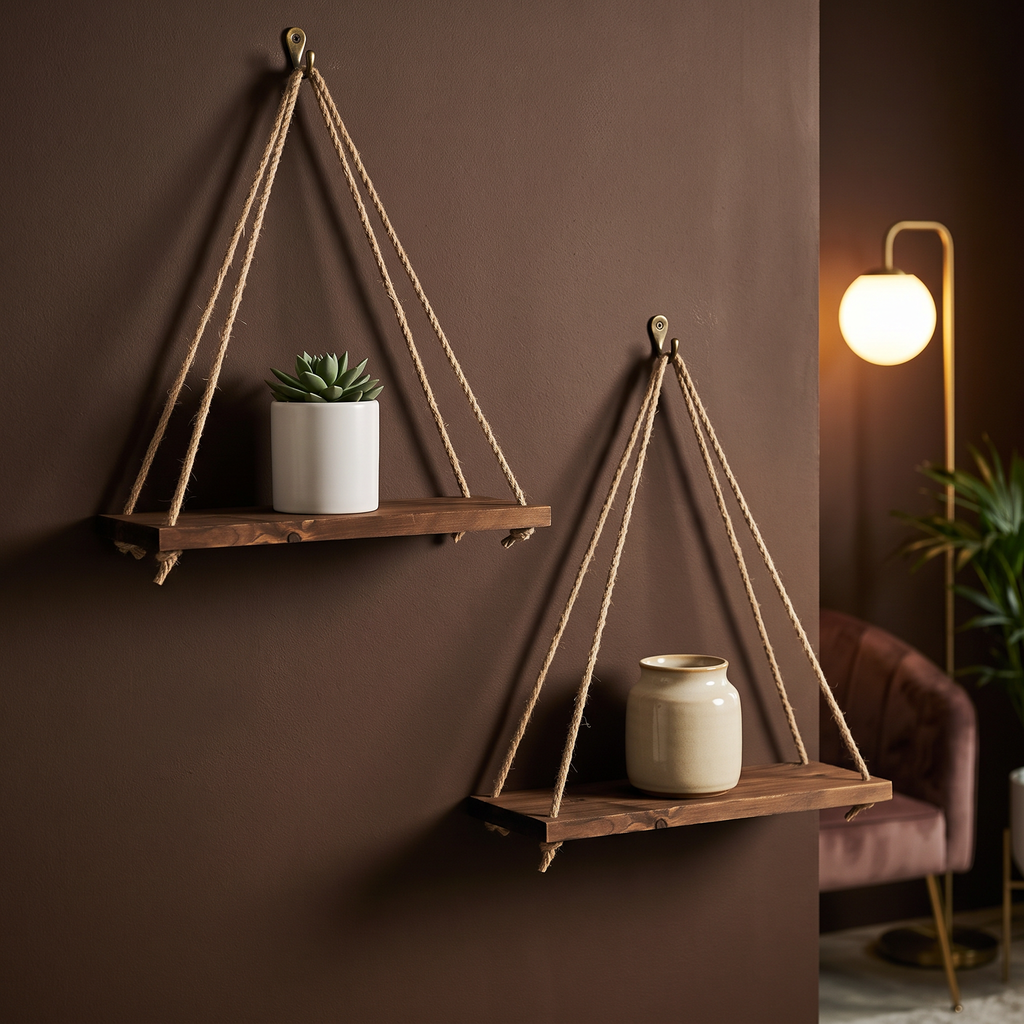 Two rope shelves mounted at different heights on a dark wall