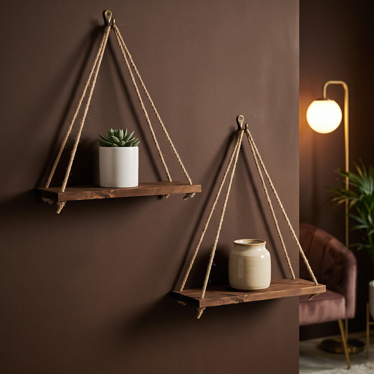 Two rope shelves mounted at different heights on a dark wall