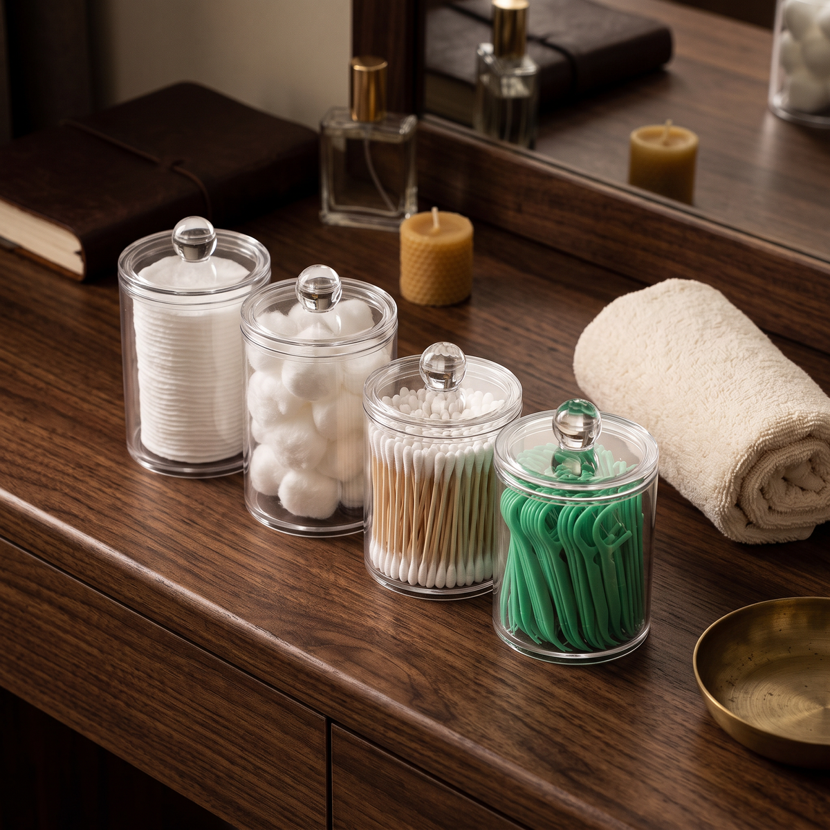 Overhead view of the four lidded jars arranged in a row on the vanity