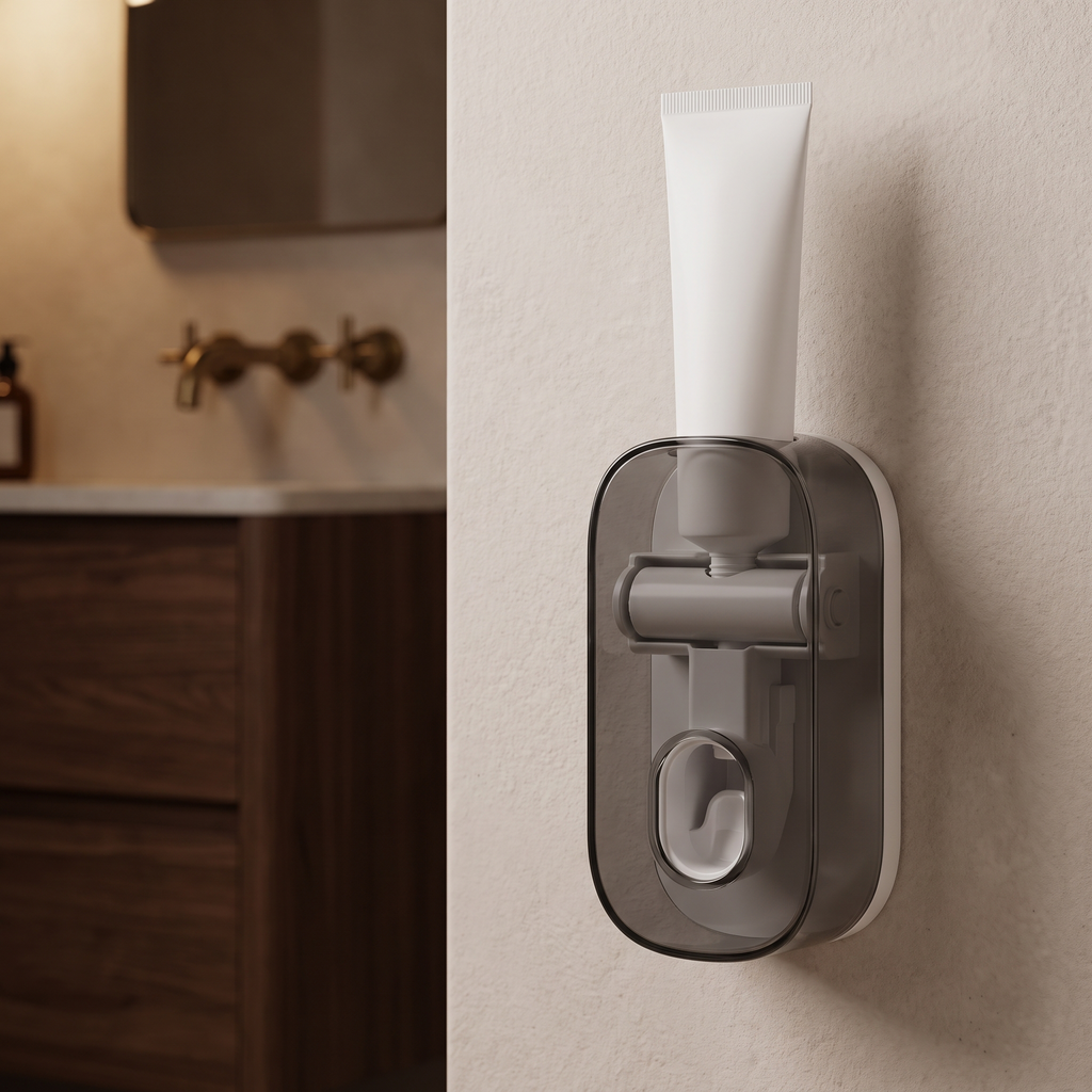 Automatic toothpaste dispenser mounted on a pale plaster bathroom wall beside a walnut vanity
