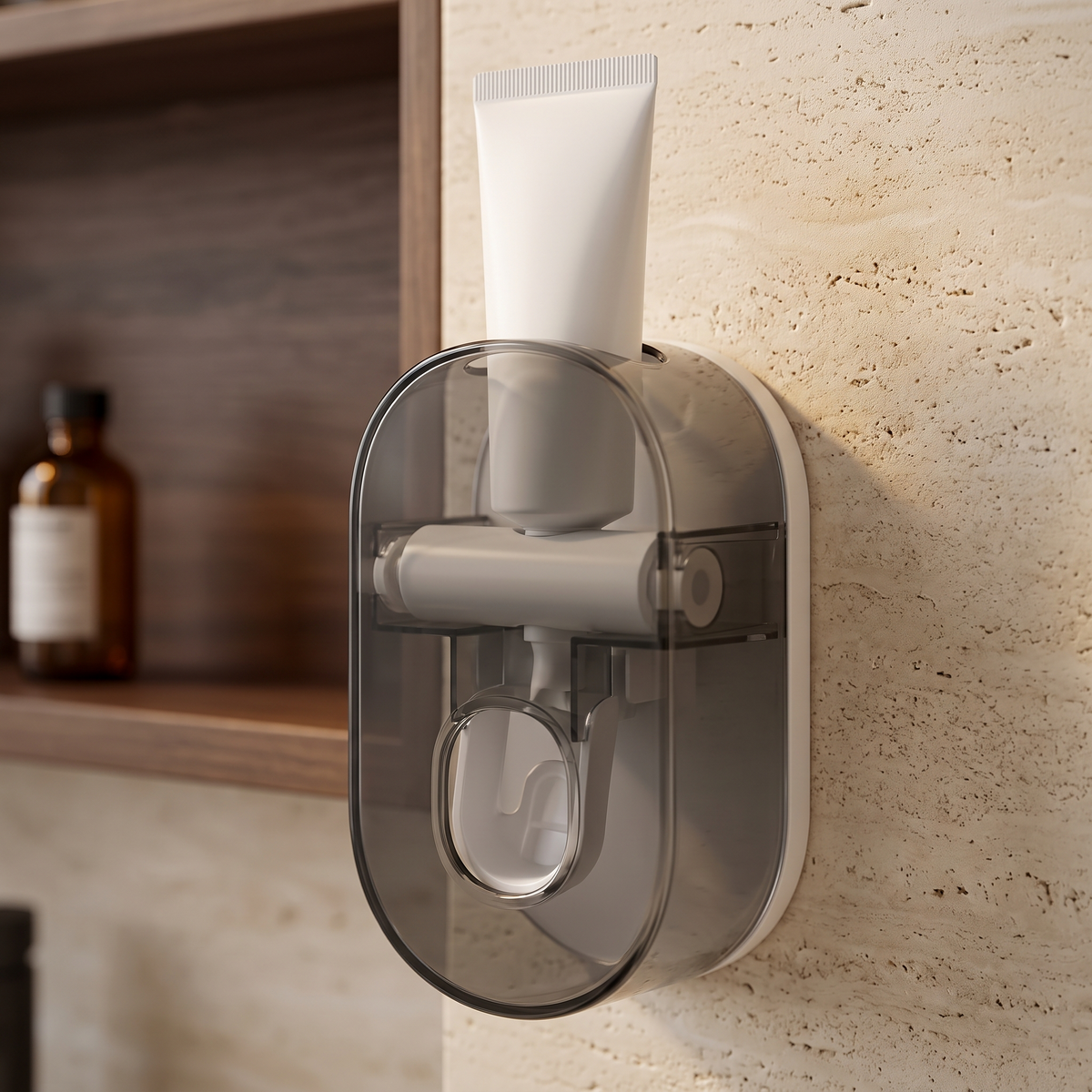 Close view of the automatic toothpaste dispenser showing the roller mechanism through its smoked grey cover